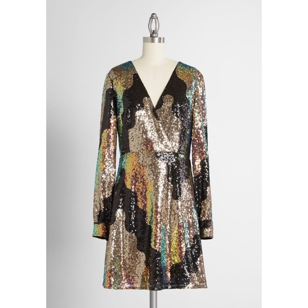 Hutch Sequin‎ Mini Dress Long Sleeve V-Neck Abstract Gold Black Iridescent 6